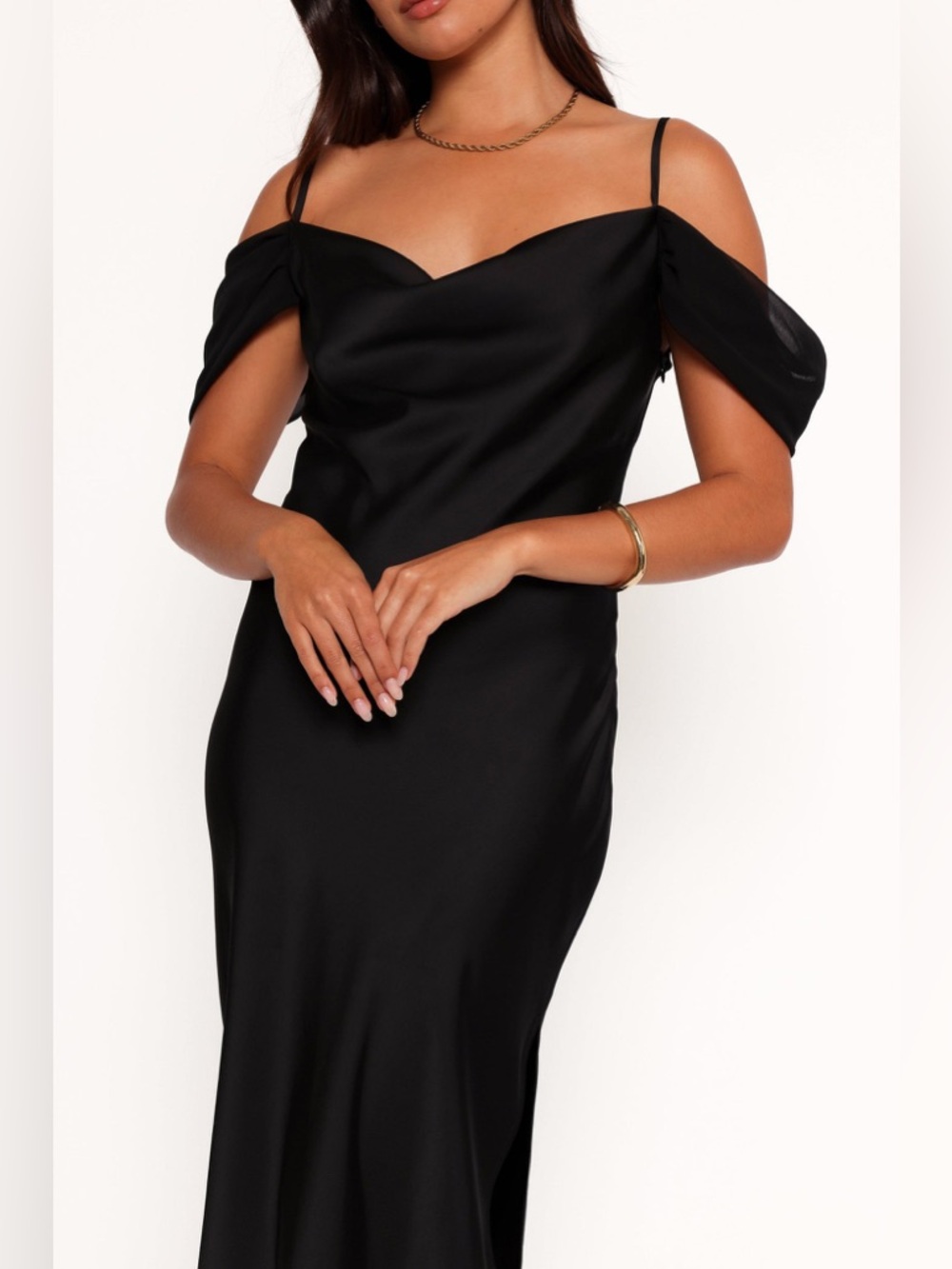 Petal & Pup Reyna Off The Shoulder Satin Maxi Dress Size Medium Black - Picture 3 of 16